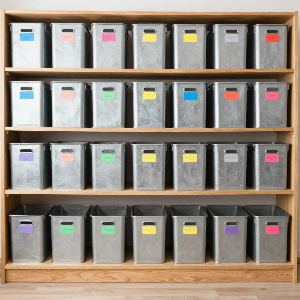 Organised storage space with labelled containers